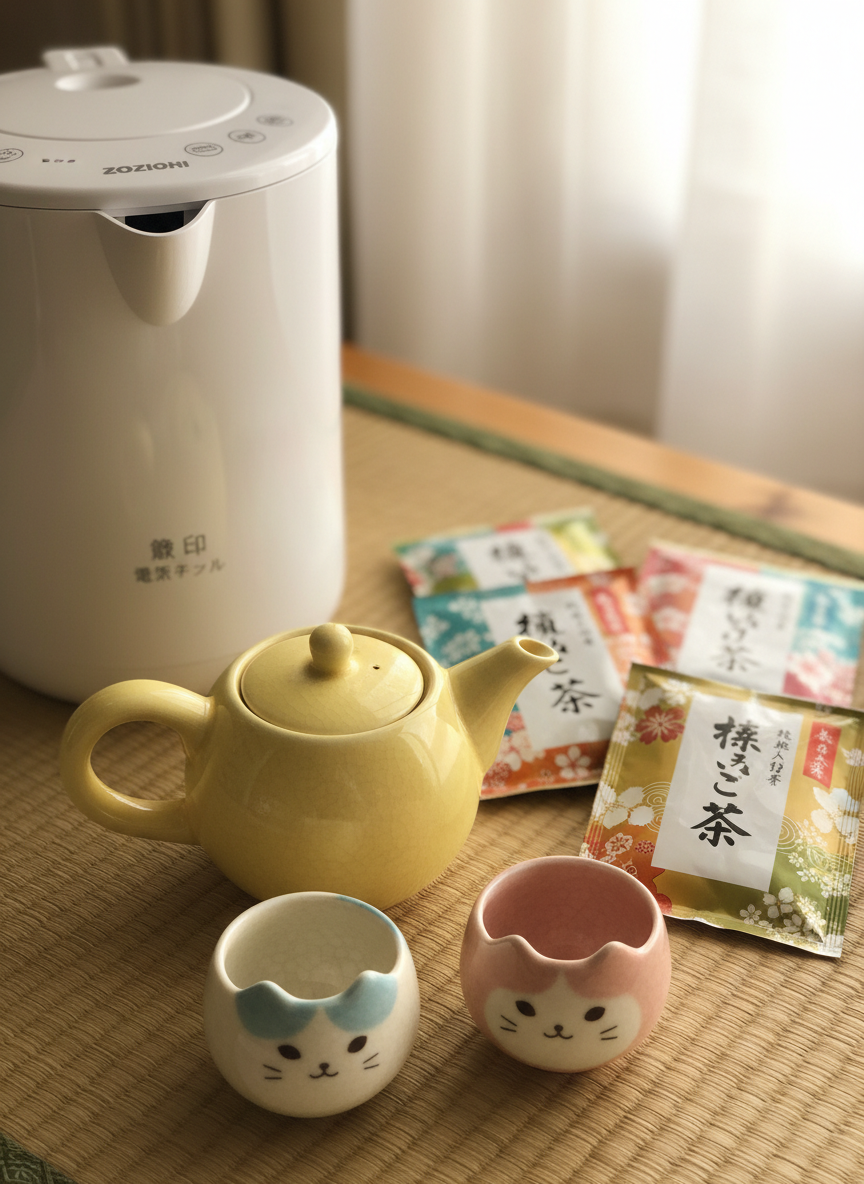 A pristine tatami-look surface hosts an elegant yet playful Japanese tea setup: a glossy white electric water boiler with minimal Japanese text in silver, a small pastel-yellow ceramic kyusu teapot with an exaggerated round handle, and two tiny cat-faced yunomi cups with subtle crackle glaze. Beside them, individually wrapped Japanese tea packets display bold kanji and bright patterns. Soft afternoon light filters in from the right, creating warm highlights on the ceramics and a gentle sheen on the boiler’s plastic surface. Shot at a slightly elevated angle with a medium depth of field, the foreground cups are in crisp focus while the tea packets soften into the background. The image feels calm yet whimsical, with clean photographic realism that suits a blog post about discovering Japanese tea gear shipped to the U.S.