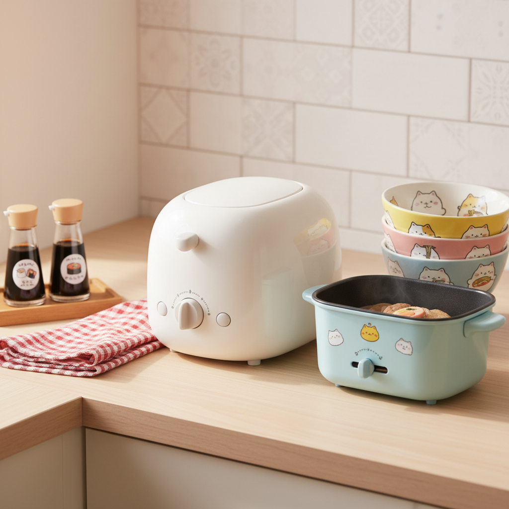 A close-up of a kawaii Japanese kitchen corner featuring a glossy white toaster shaped like a rounded mochi, a tiny pastel-blue electric hot pot with smiling face decals, and a stack of patterned ramen bowls with cute cat and ramen illustrations. They rest on a clean, pale wooden counter beside a neatly folded gingham dish towel and a small wooden tray holding soy sauce bottles with illustrated labels. Warm, indirect morning light streams from the left, creating soft highlights on the ceramics and plastics, and gentle shadows under the edges. Captured from a slightly elevated angle with rule-of-thirds composition, the depth of field keeps the main objects sharp while softly blurring the tiled backsplash, evoking a cozy, playful, photographic aesthetic ideal for a Japanese product review blog.