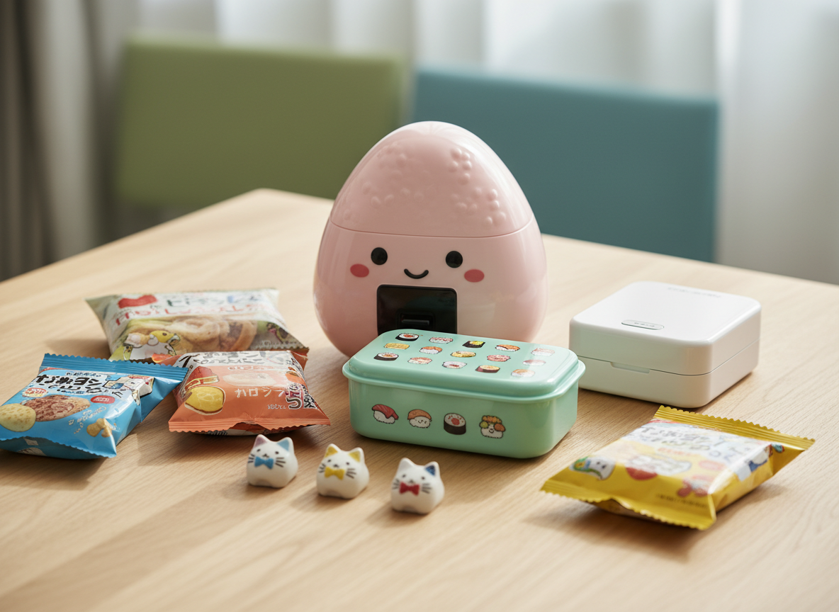 An assortment of quirky Japanese lifestyle products arranged playfully on a light maple wood tabletop: a pastel pink electric rice cooker shaped like a cartoon onigiri, a glossy mint-green bento box with tiny printed sushi characters, and a set of ceramic cat-shaped chopstick rests with delicate hand-painted whiskers. Around them sit neatly packaged colorful snack bags and a compact white Japanese gadget label printer. Soft, diffused daylight from a nearby window creates gentle reflections on the smooth plastics and ceramics, casting subtle shadows. Shot at eye level with a shallow depth of field, the foreground objects are in crisp focus while the background becomes a soft bokeh of muted colors, conveying a cheerful, inviting, photographic realism perfect for a playful shopping-discovery blog hero image.