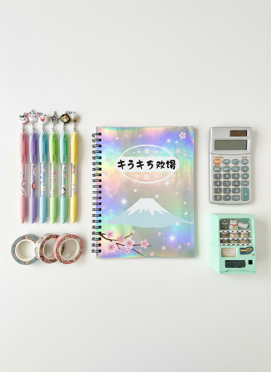 A flat-lay composition of colorful Japanese stationery spread across a pristine white desk: pastel gel pens with translucent barrels and tiny character charms, washi tapes with ramen, sakura, and maneki-neko patterns, and a spiral notebook with a glossy holographic cover featuring stylized Japanese text. Nearby, a compact, high-tech Japanese calculator with metallic buttons sits beside a small, mint-green desktop organizer shaped like a vending machine. Bright, even daylight from above removes harsh shadows, creating a clean, modern look. The objects are carefully spaced to feel playful yet orderly, with sharp focus across the entire frame. The photographic realism, vibrant colors, and graphic arrangement create an energetic, organized mood, perfect for illustrating quirky Japanese finds in an article about cute office or study upgrades.